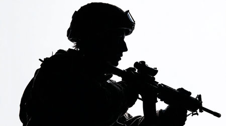 Silhouette of a special forces soldier in action against white backgroundの素材