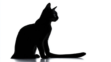 Silhouette of a black cat sitting on white background with shadowの素材