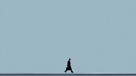 Silhouette of a man walking on the edge of the seaの素材