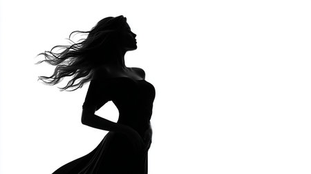 Silhouette of a beautiful woman in a long dress on a white backgroundの素材