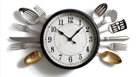 Alarm clock and cutlery isolated on a white background.の素材