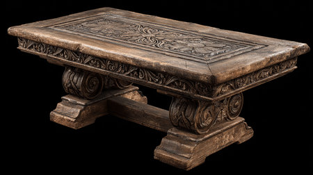 Antique wooden table on a black background. 3d rendering.の素材