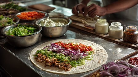 Tasty mexican tacos with meat and vegetables on the tableの素材