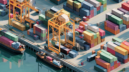 Container terminal with freight cargo ship and crane. 3d illustration.の素材