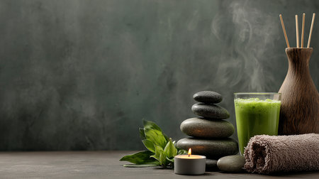 Spa still life with aroma diffuser, green tea and stones on dark backgroundの素材