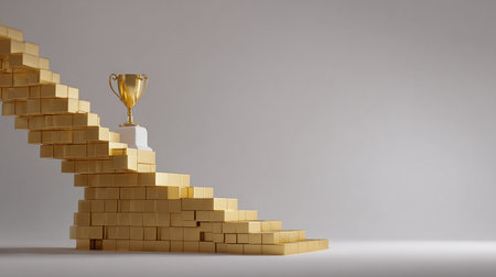 Golden trophy on the stairs. 3d render. Success concept.の素材