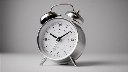 Alarm clock on a gray background. 3d render illustration.の素材