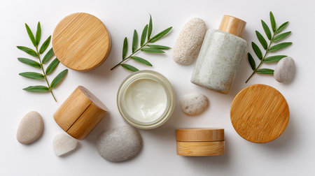 Spa composition with cosmetic products and stones on white background, top viewの素材