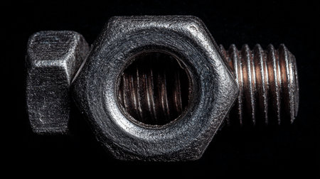 Metal nut and bolt on a black background close-up macro photographyの素材