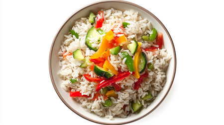 Rice with paprika and cucumber in a bowl isolated on white backgroundの素材