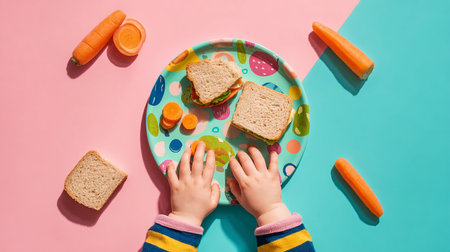 top view of child eating sandwich with carrot and bread on colorful backgroundの素材