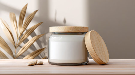 Jar of cosmetic cream on wooden table. 3d rendering mock upの素材