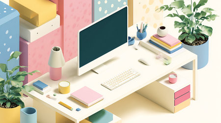 Top view of modern workplace with computer, stationery and decorations. 3D renderingの素材