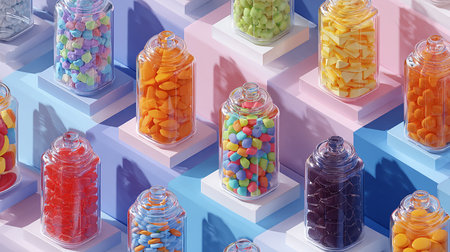 Colorful candies in glass jars on blue background. 3d renderingの素材