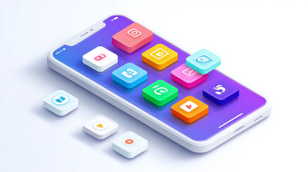 Smartphone with application icons on the screen. Isometric vector illustration.の素材