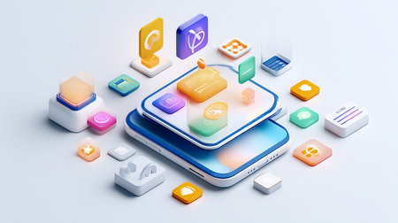Colorful application icons on smartphone screen. 3D rendering. Mobile application conceptの素材