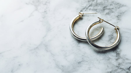 Silver earrings on white marble background with copy space. Jewelry conceptの素材