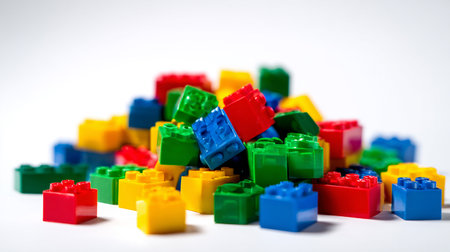 Plastic building blocks isolated on white background. Close-up shot.の素材