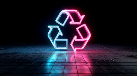 Glowing neon recycling symbol on dark background. 3D Renderingの素材