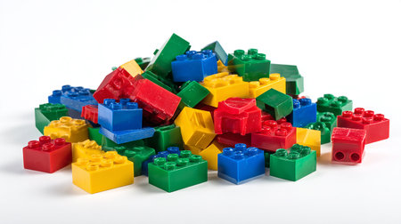 Plastic building blocks isolated on white background. Top view. Copy space.の素材