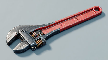 Adjustable spanner on grey background. Close-up image.の素材