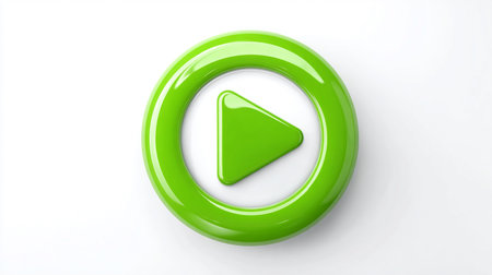 Green play button on white background. 3D rendering. Computer digital drawing.の素材