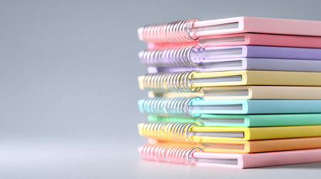 Stack of multicolored office folders on gray background. 3D renderingの素材