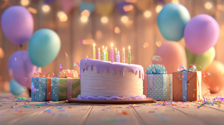 Birthday cake with candles and gifts on wooden background. 3d illustrationの素材