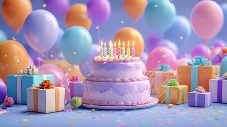 Birthday cake with candles, gift boxes and balloons on blue backgroundの素材