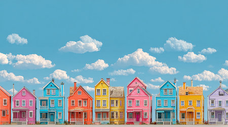 Colorful houses on the street with clouds in the sky. Real estate conceptの素材