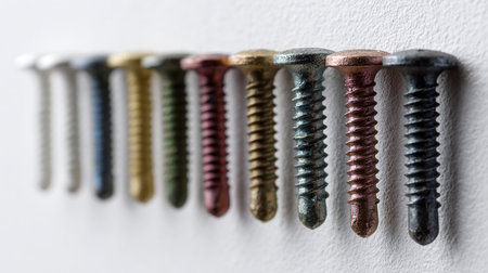 Close up of a set of screws on a white wall background.の素材