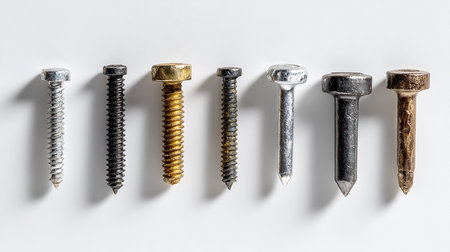 Set of different screws isolated on white background. Flat lay, top view.の素材