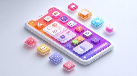 Smartphone with colorful application icons on white background. 3D renderingの素材