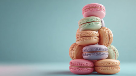 Stack of colorful macaroons on blue background. 3d renderingの素材