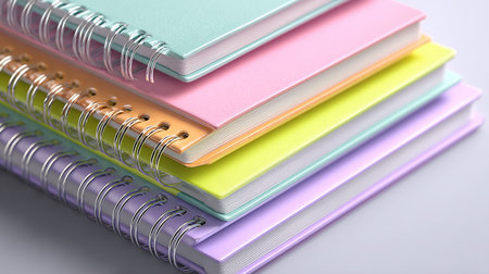 Stack of colorful notebooks on white background, closeup. School suppliesの素材