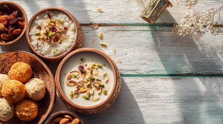 Rice porridge with nuts and raisins in bowls on wooden backgroundの素材