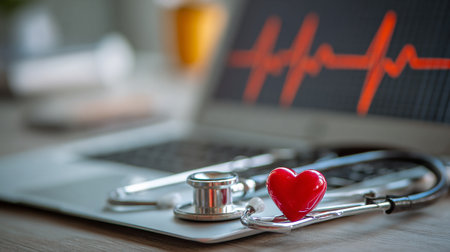 Stethoscope and red heart on laptop computer. Health care concept.の素材