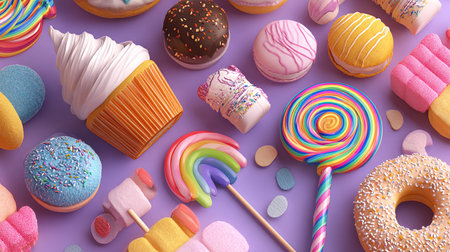 3d rendering of colorful lollipops and cakes on purple backgroundの素材
