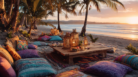 Beautiful beach in the evening with a lot of colorful pillowsの素材