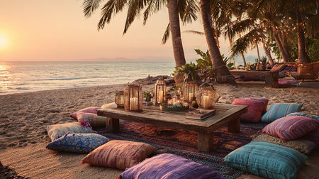 Lanterns and cushions on a tropical beach at sunsetの素材