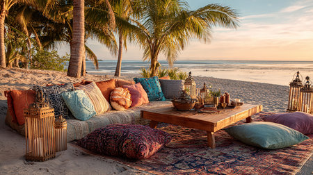 Wooden table with cushions on the tropical beach at sunset.の素材