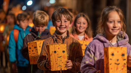 Group of happy children with paper lanterns in the night city.の素材