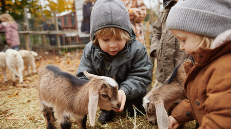 Cute little children playing with goats on farm in autumn. Kids having fun outdoors.の素材