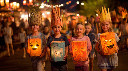 Group of happy kids holding paper lanterns in the night city.の素材