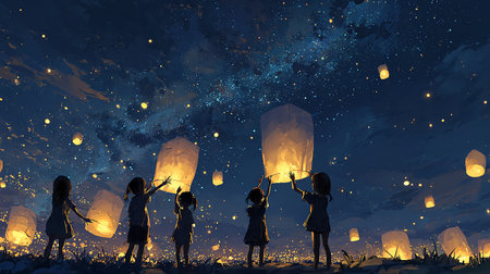Little asian girls and boy lighting paper lanterns in night skyの素材