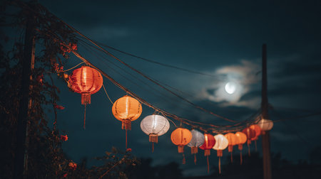 Lanterns on the street at night with full moon.の素材