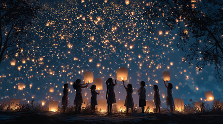 Silhouette of a group of children holding paper lanterns at nightの素材