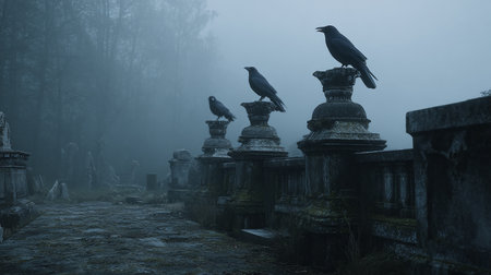 Crow sitting on a stone bridge in a foggy graveyard.の素材