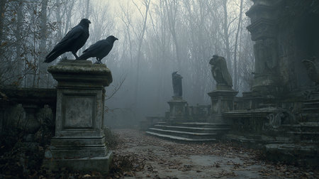 Crow in the old cemetery at foggy day. Halloween conceptの素材