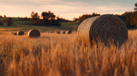 Hay bales on the field at sunset. Beautiful rural landscape.の素材